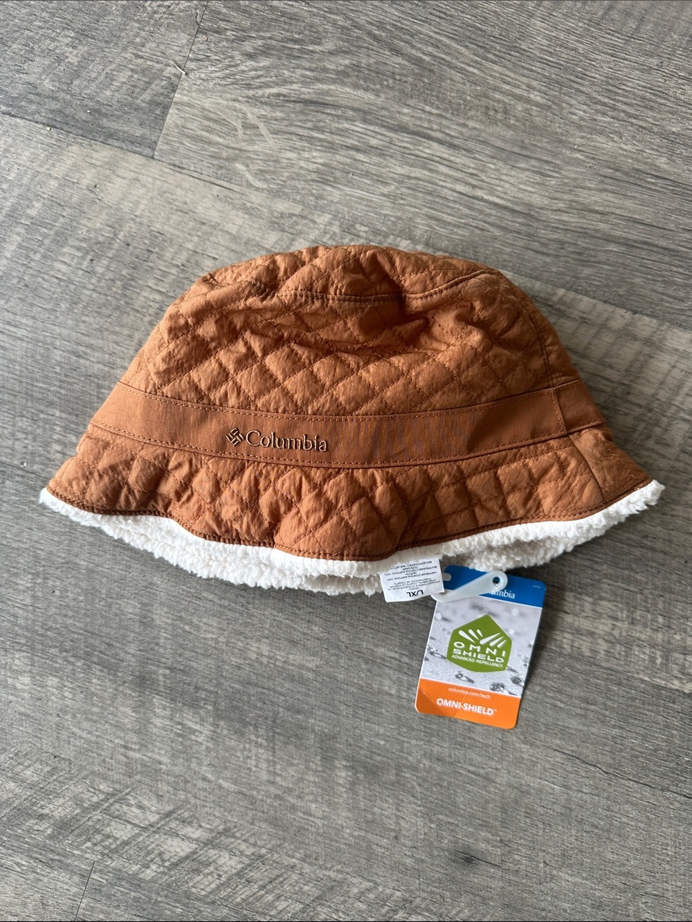 Columbia Quilted Rust Brown Bucket Hat with Sherpa Trim
